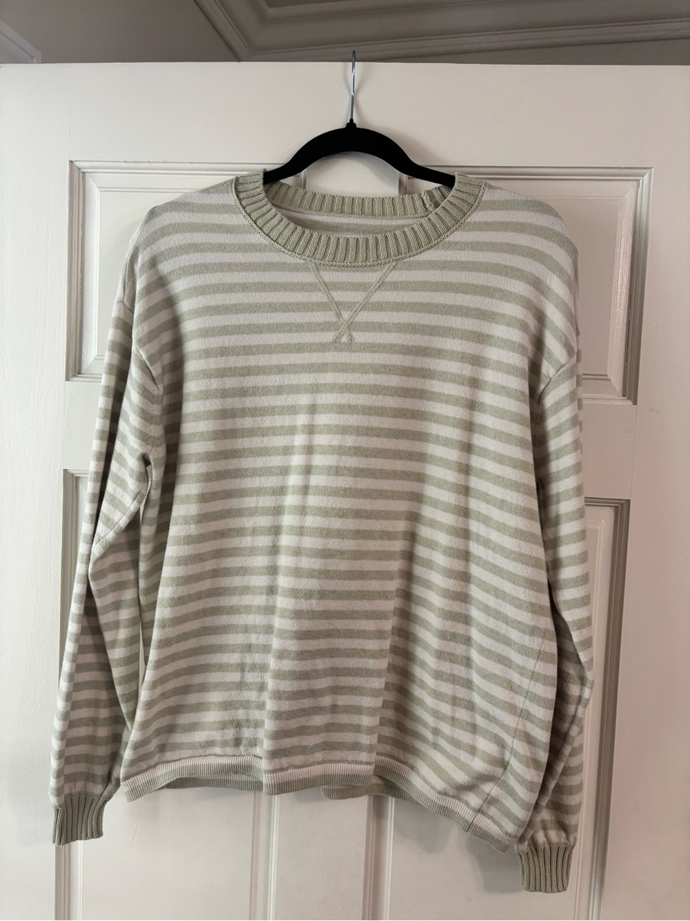 Aerie Striped Crewneck Sweater - Sage Green & White